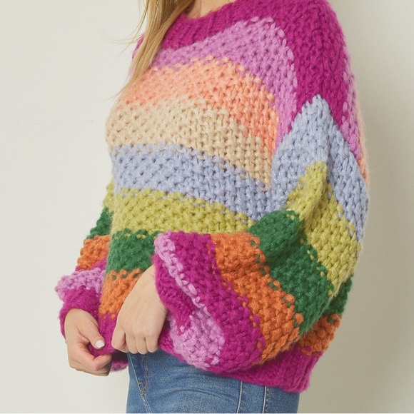 Chunky Knit Rainbow Striped Long Sleeve Knit Sweater by Entro Boutique - Picture 8 of 14